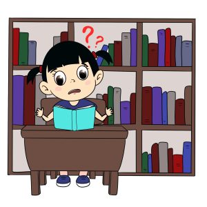 Kleines Mädchen sitzt in der Bibliothek und liest ein Buch. Sie versteht nicht und hat viele Fragezeichen im Gesicht.