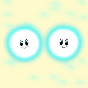 Zwei leuchtende Teilchen stehen nebeneinander.